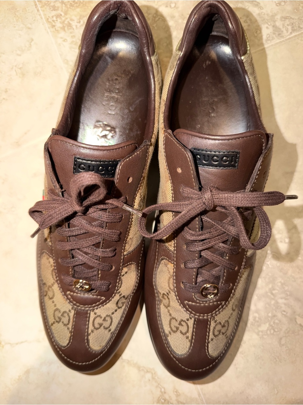 Gucci Brown & Beige GG Canvas Leather Sneakers Size 9